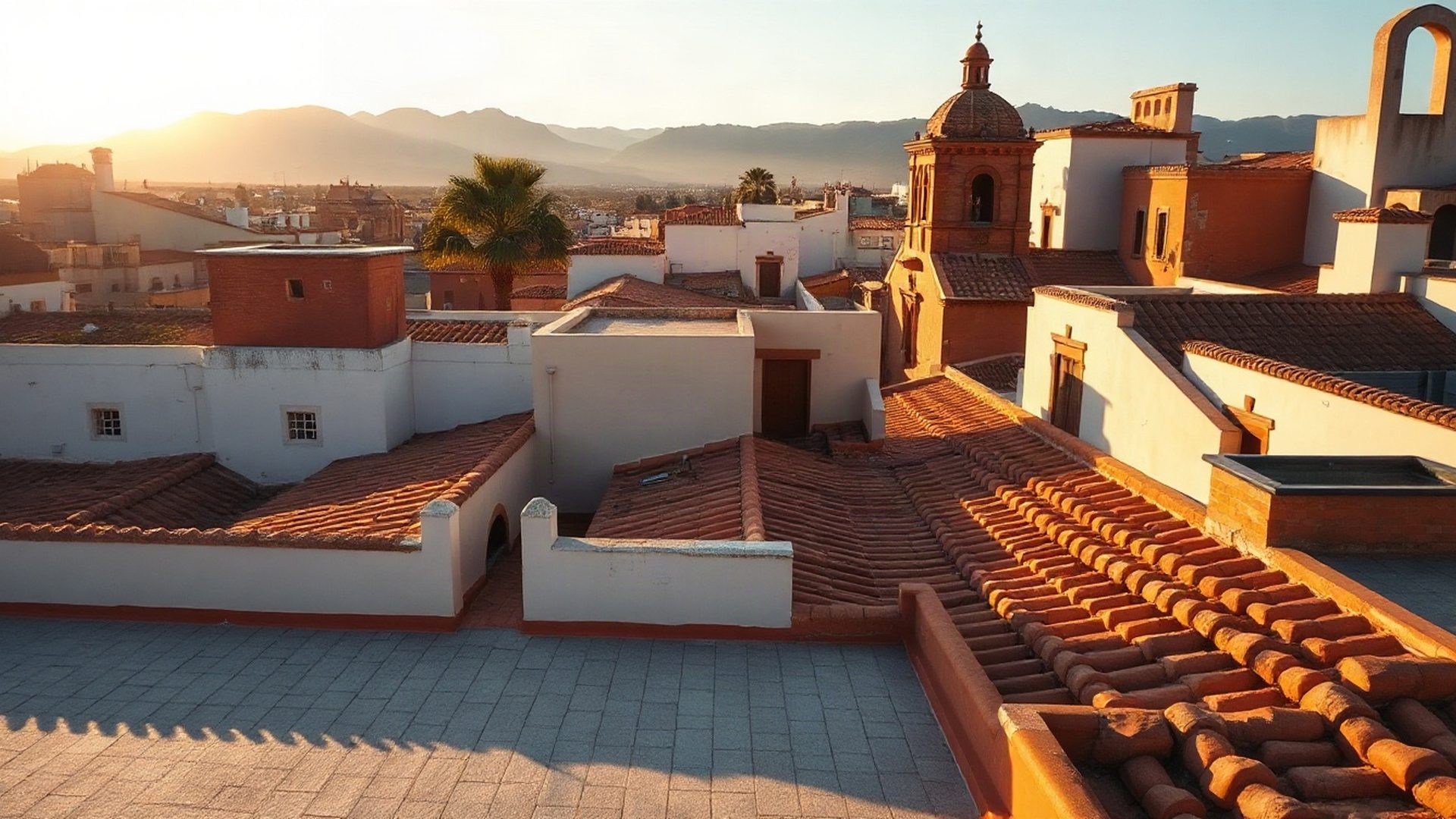 Tejados de Granada al atardecer bajo un cielo azul