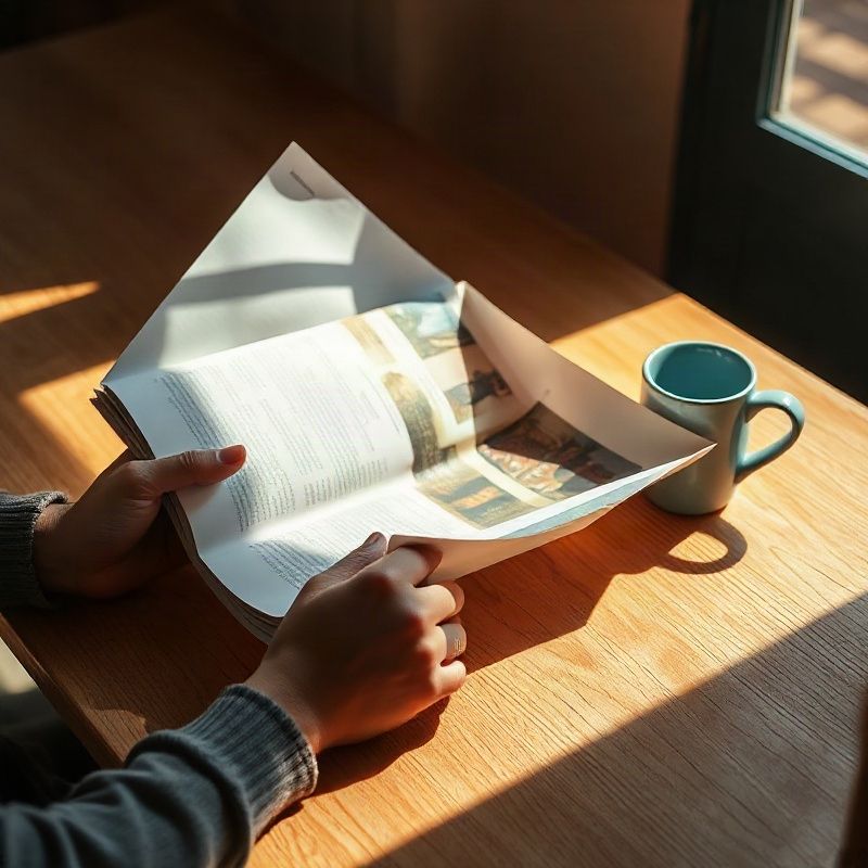 Persona leyendo una revista impresa de formato largo sobre una mesa de madera iluminada