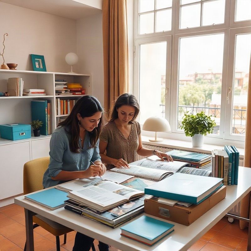 Dos editores revisando páginas impresas en un apartamento granadino iluminado por luz natural