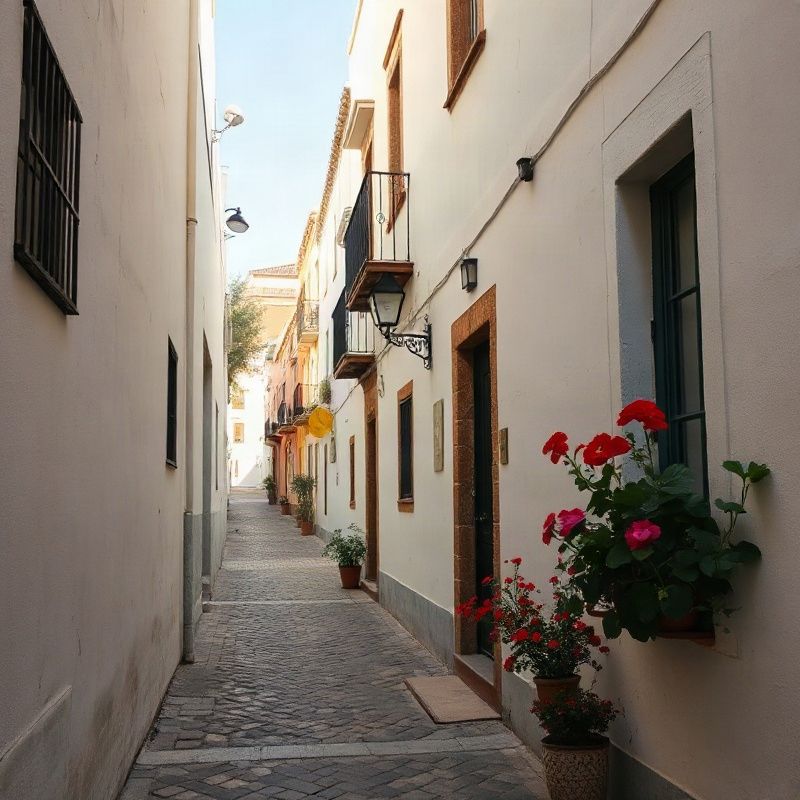 Calle empedrada del Albaicín con muros encalados y geranios en macetas