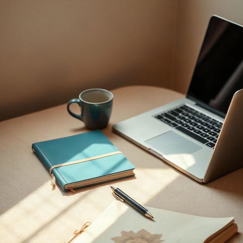 Escritorio limpio con un portátil abierto, una taza de cerámica y una nota manuscrita